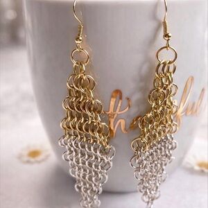 Handcrafted Chainmaille Dangle Earrings - Gold & Silver Interlocking Rings
